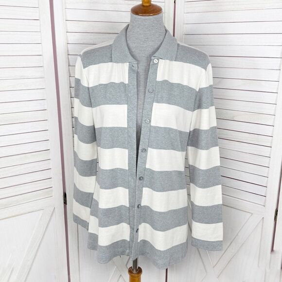 Moda International Rugby Stripes Button Front Cardigan Sweater Grey White Medium - Picture 1 of 11